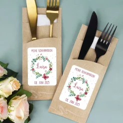 Bedruckte Bestecktaschen im 10-er Set mit Wunschtext, Datum und Name