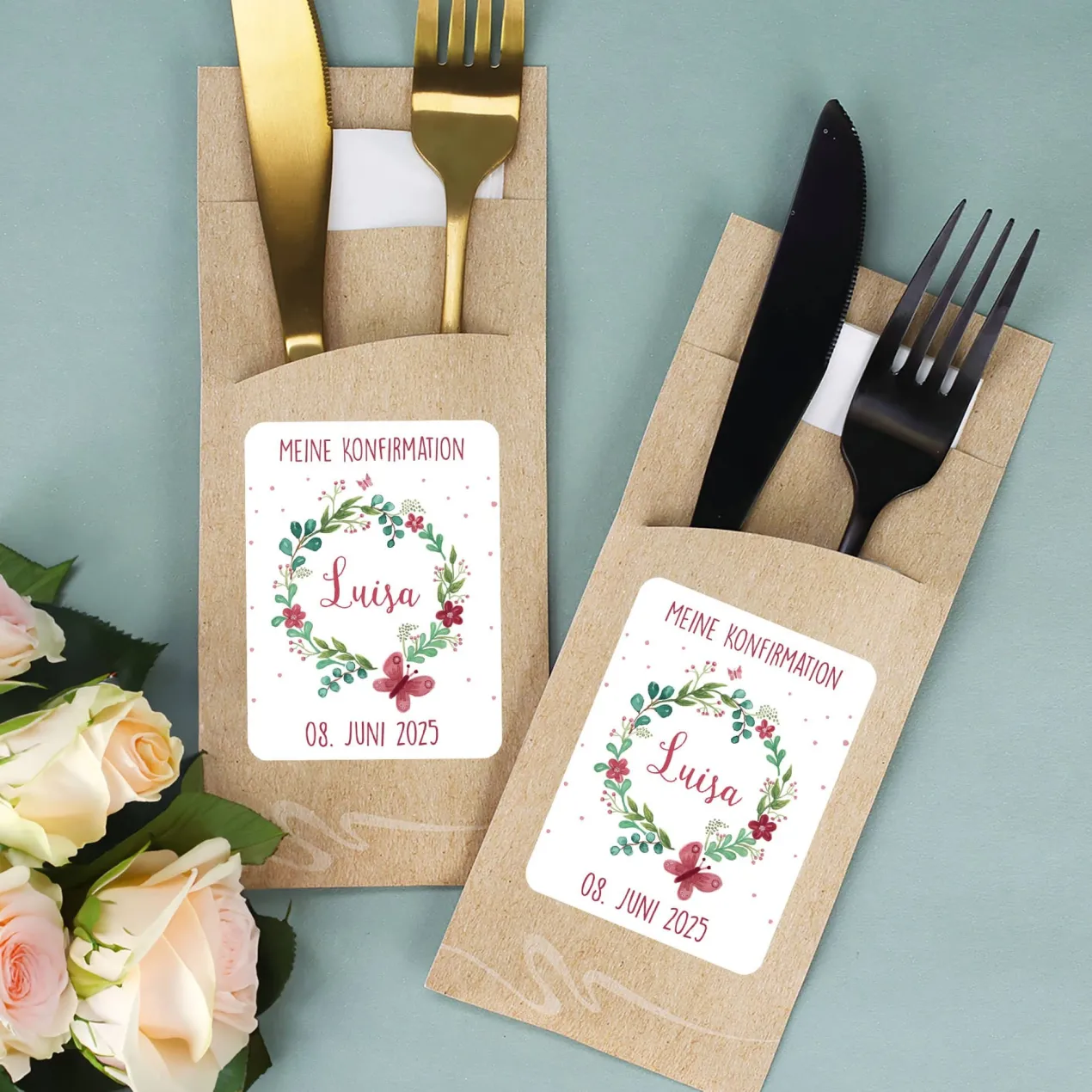 Bedruckte Bestecktaschen im 10-er Set mit Wunschtext, Datum und Name