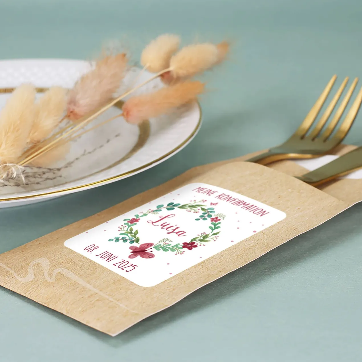 Bedruckte Bestecktaschen im 10-er Set mit Wunschtext, Datum und Name