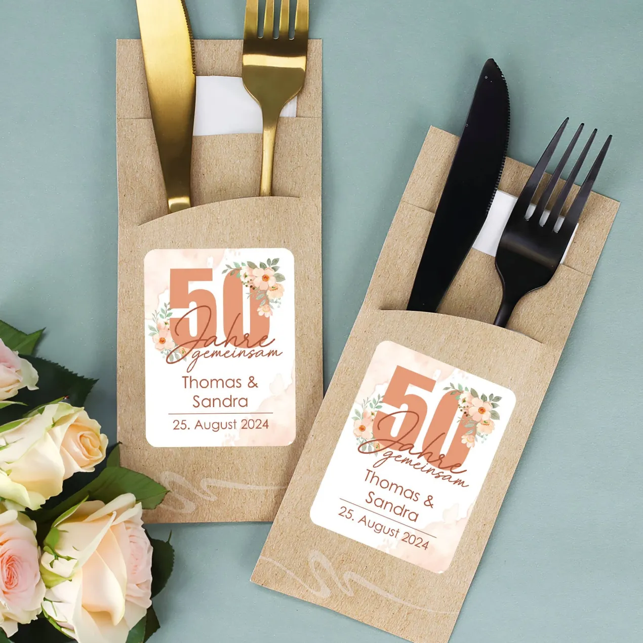 Bedruckte Bestecktaschen im 10-er Set zur Goldenen Hochzeit