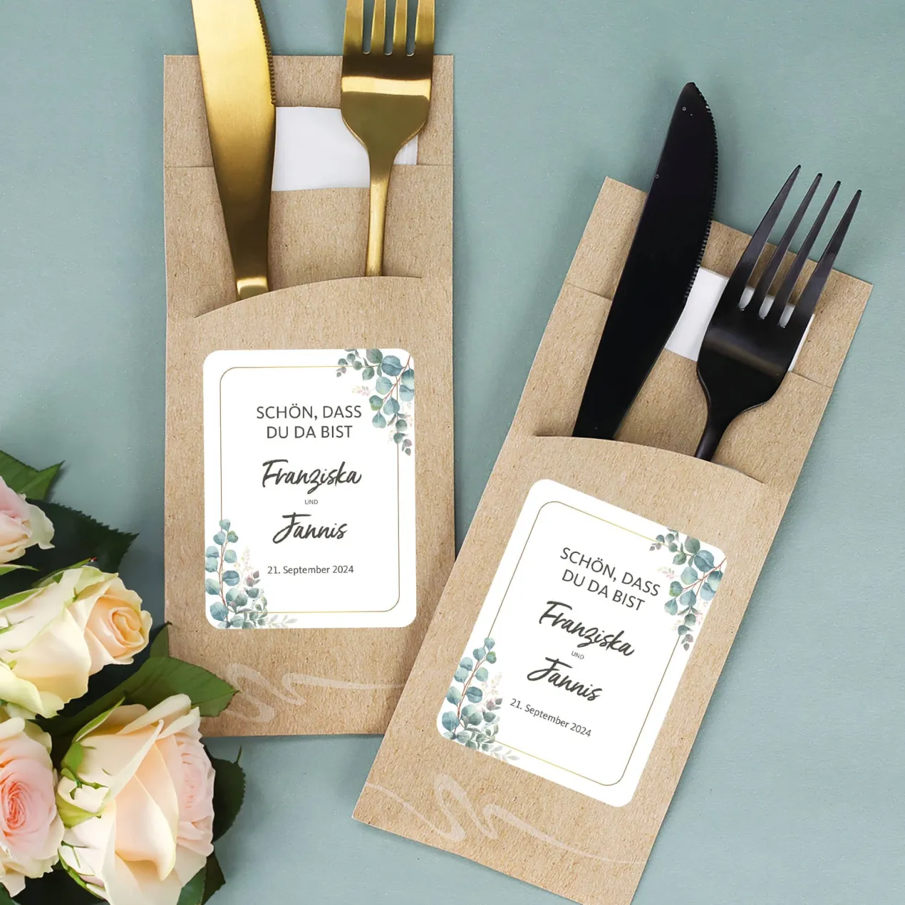 Bedruckte Bestecktaschen im 10-er Set zur Hochzeit - Eukalyptus