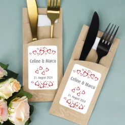 Bedruckte Bestecktaschen im 10-er Set zur Hochzeit mit Herzen