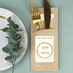 Bedruckte Bestecktaschen im 10-er Set zur Hochzeit - Schön, dass du da bist! - Gold Konfetti