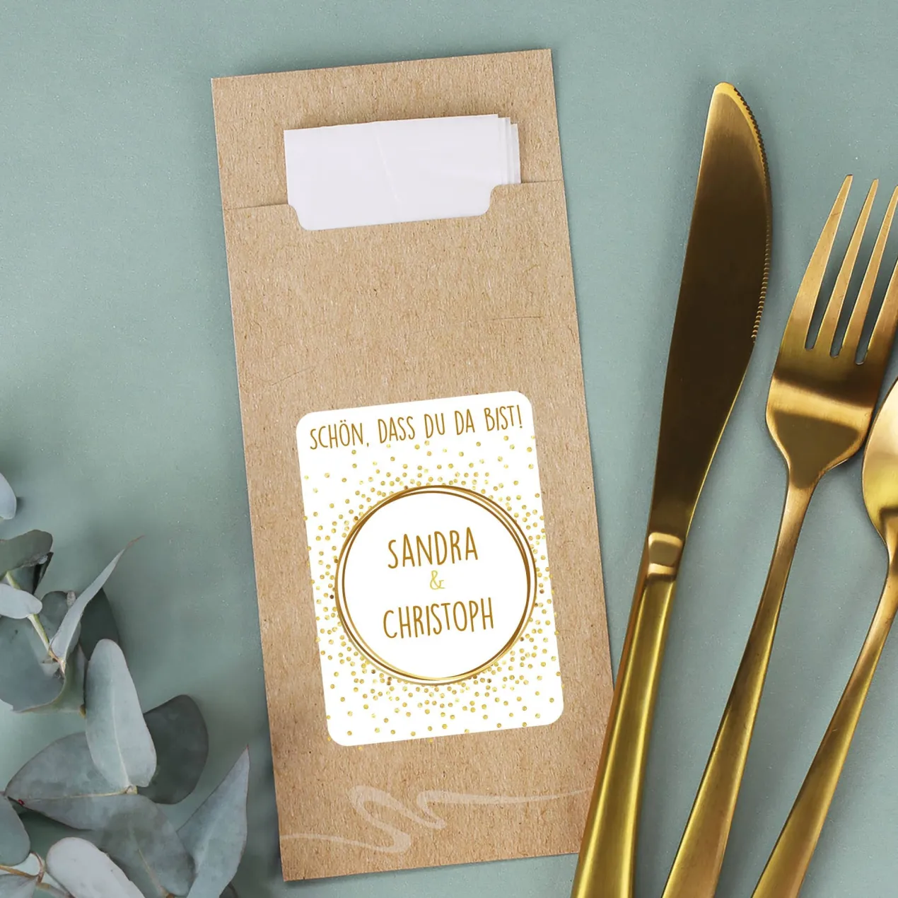 Bedruckte Bestecktaschen im 10-er Set zur Hochzeit - Schön, dass du da bist! - Gold Konfetti
