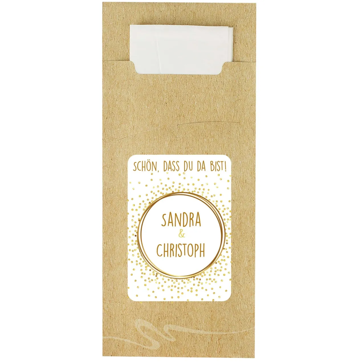 Bedruckte Bestecktaschen im 10-er Set zur Hochzeit - Schön, dass du da bist! - Gold Konfetti
