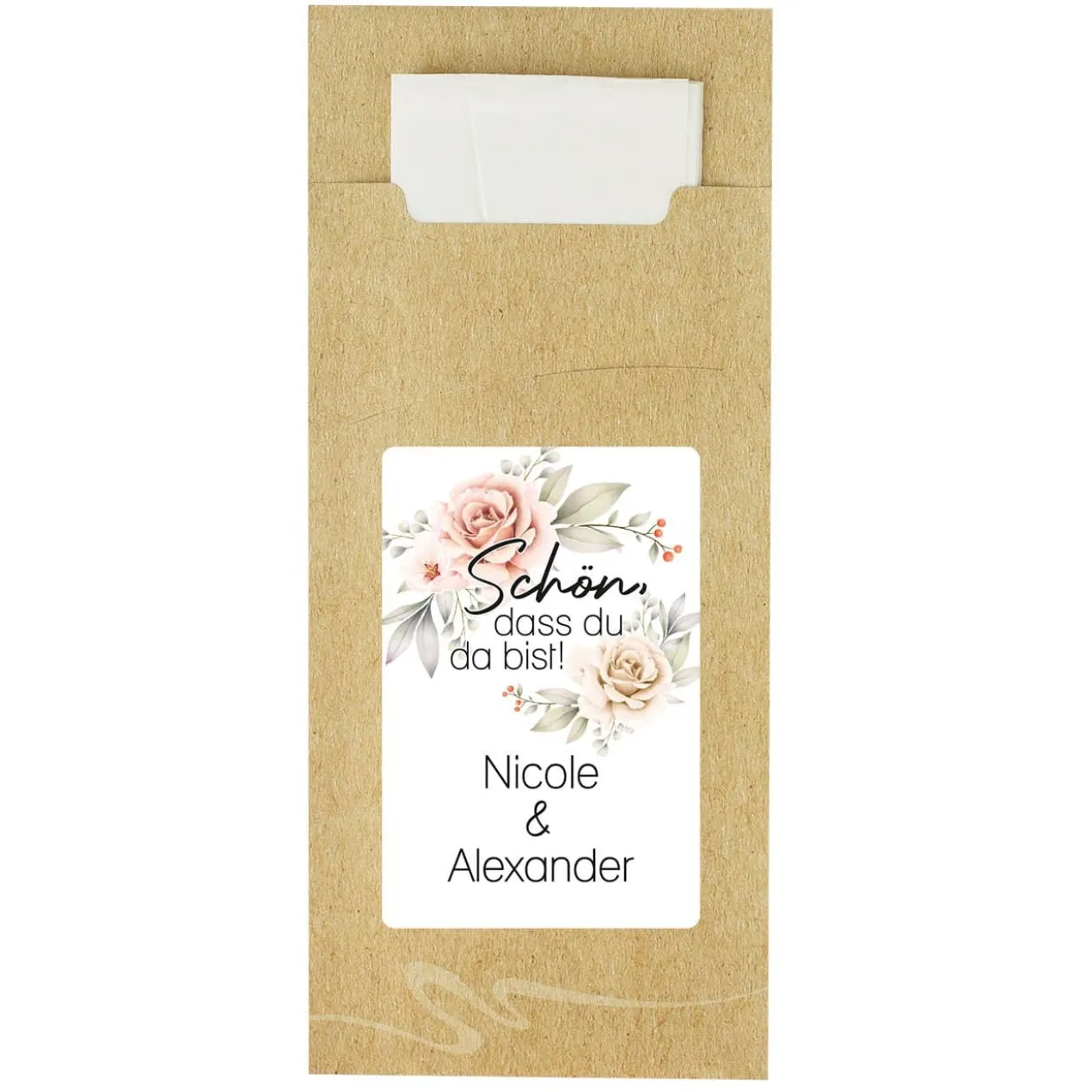 Bedruckte Bestecktaschen im 10-er Set zur Hochzeit - Schön, dass du da bist! - Blumen