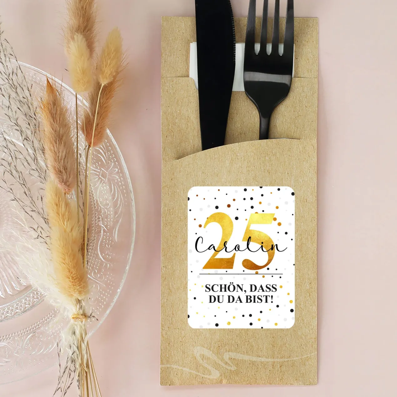 Bedruckte Bestecktaschen im 10-er Set zum Geburtstag - schön, dass du da bist