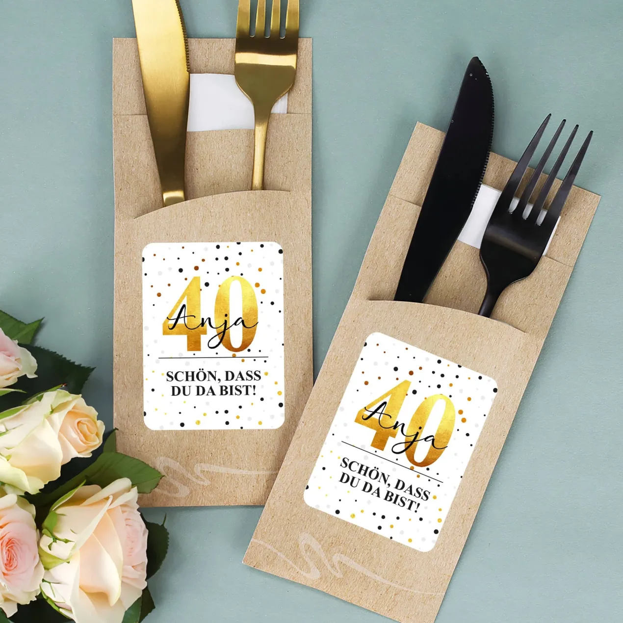 Bedruckte Bestecktaschen im 10-er Set zum Geburtstag - schön, dass du da bist