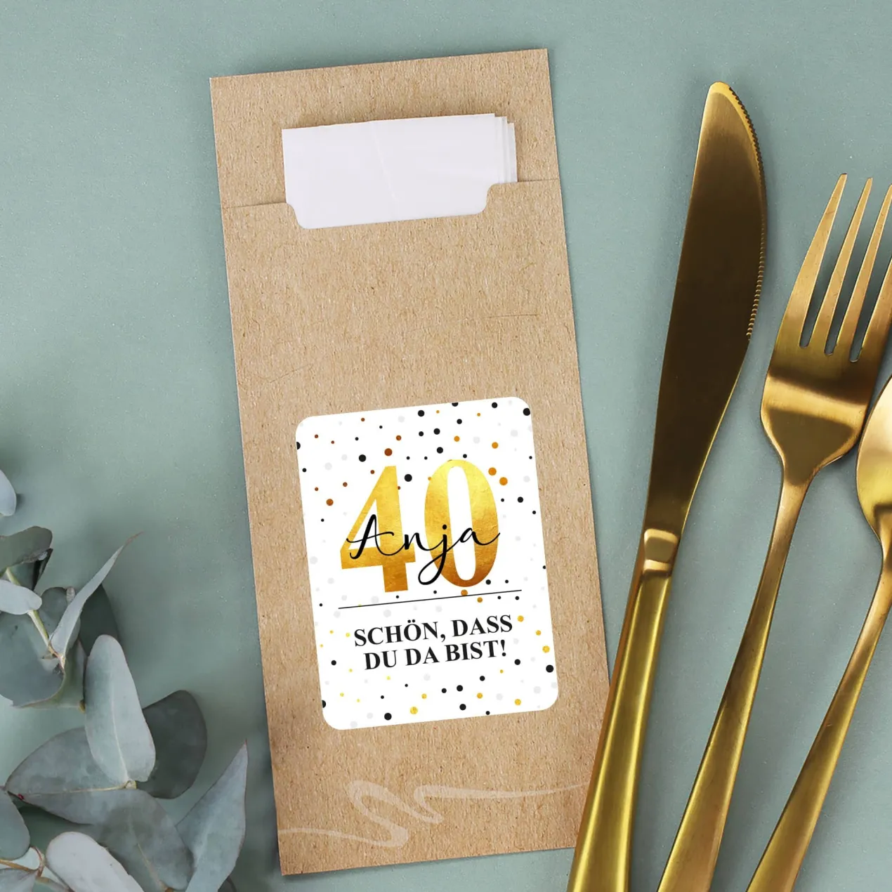 Bedruckte Bestecktaschen im 10-er Set zum Geburtstag - schön, dass du da bist