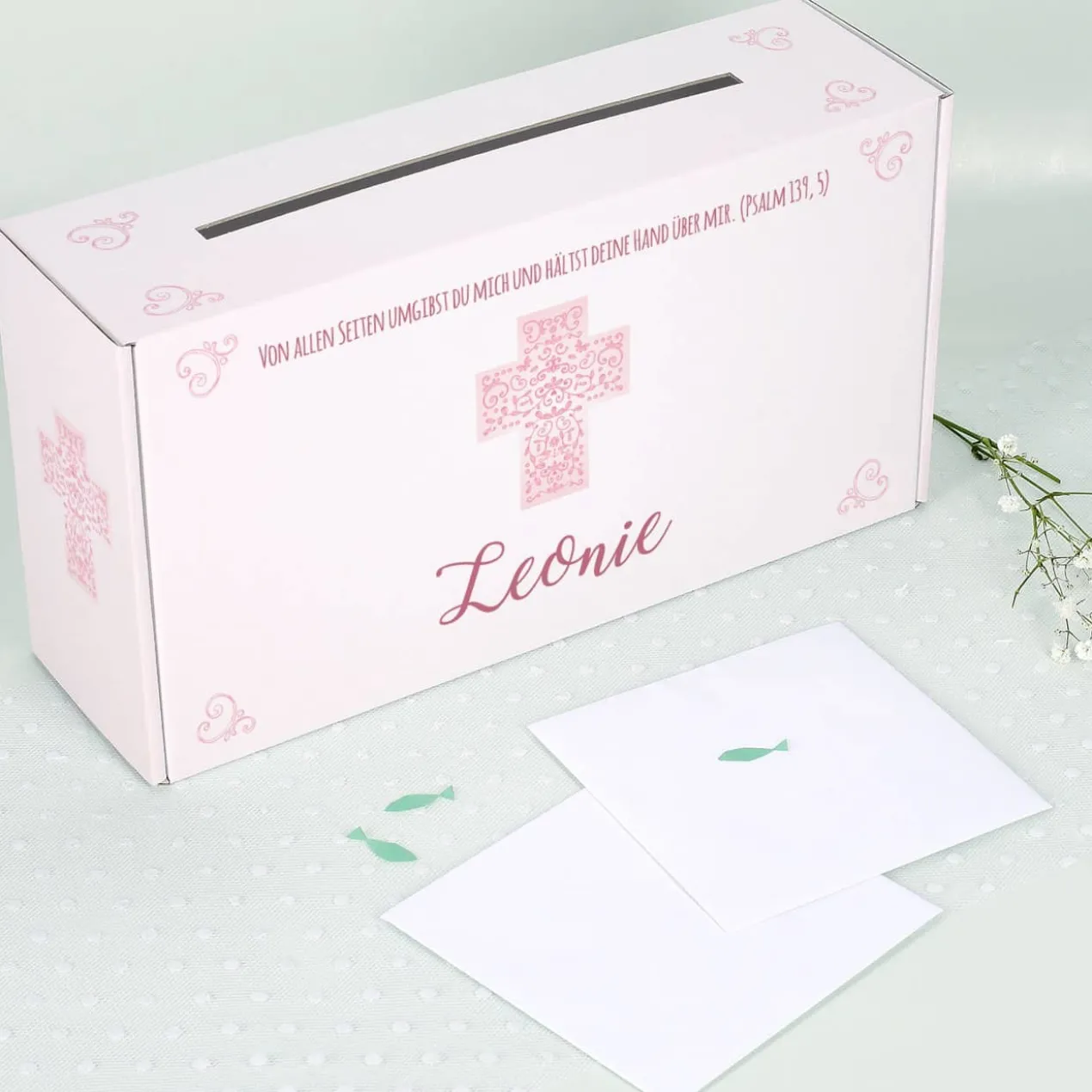 Bedruckte Briefbox zu religiösem Anlass mit Wunschname