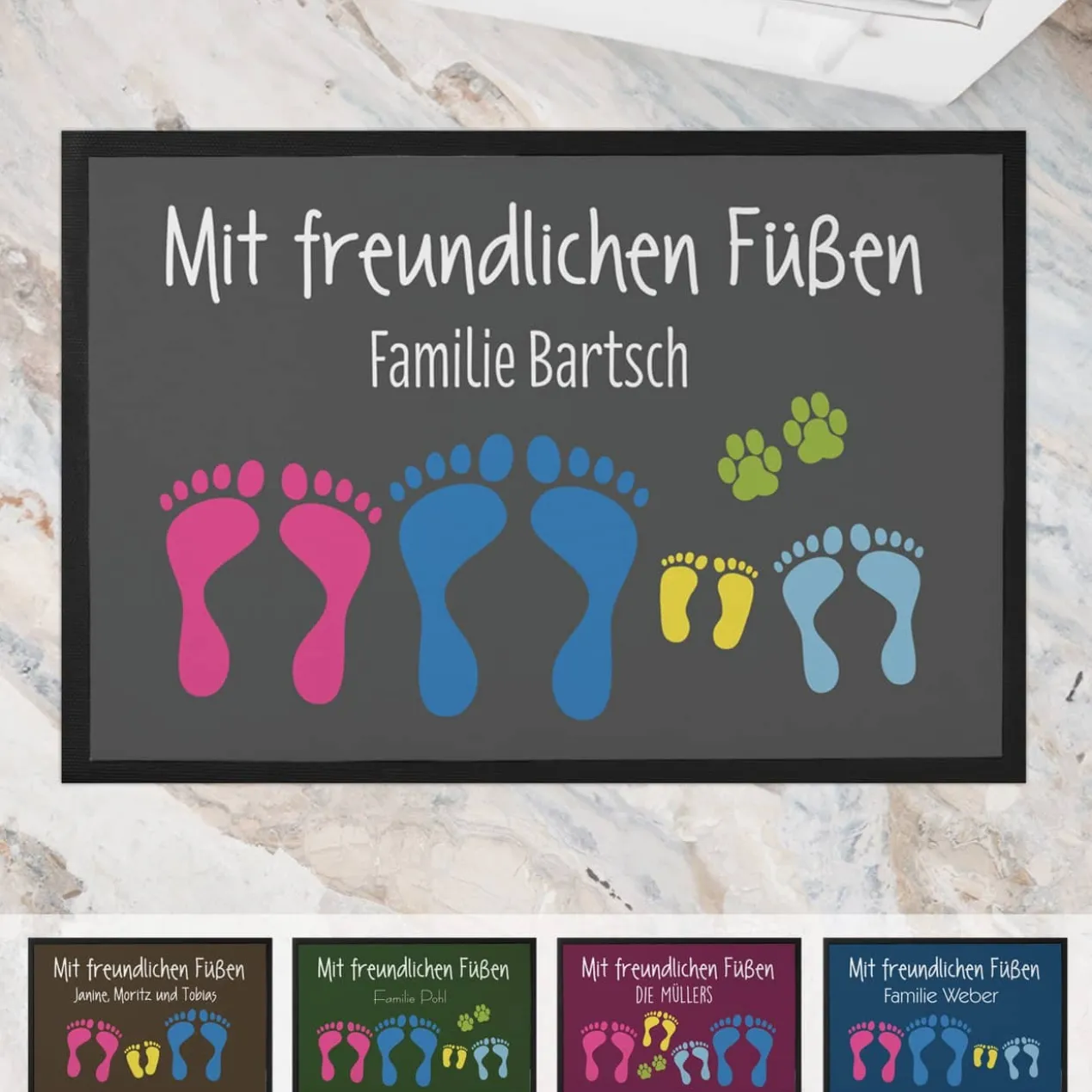 Bedruckte Fußmatte Mit freundlichen Füßen - personalisiert mit Text