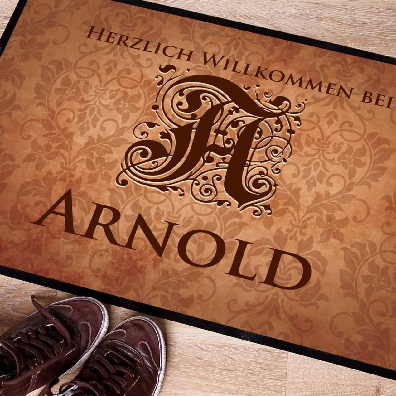 Bedruckte Fussmatte mit Monogramm & Text personalisiert im Vintage-Stil