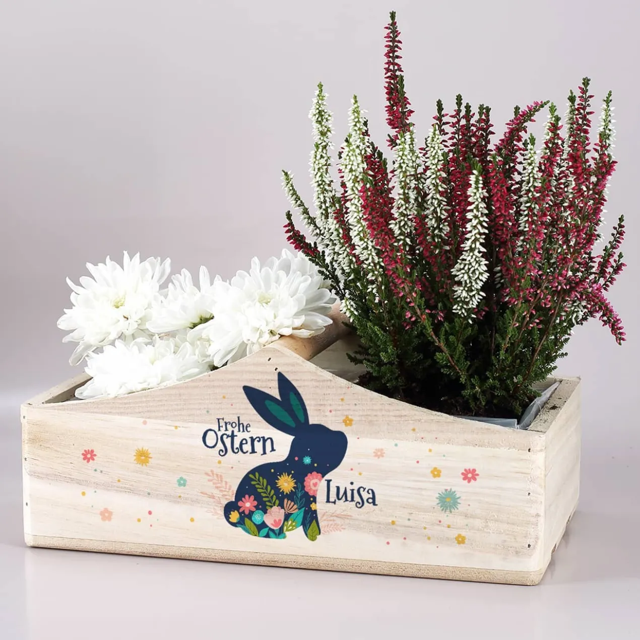 bedruckte Pflanzkiste mit 1 Griff und buntem Hasen-Aufdruck