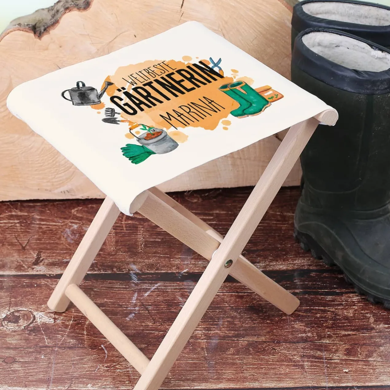 Bedruckter Klapphocker für Gärtnerinnen mit Name