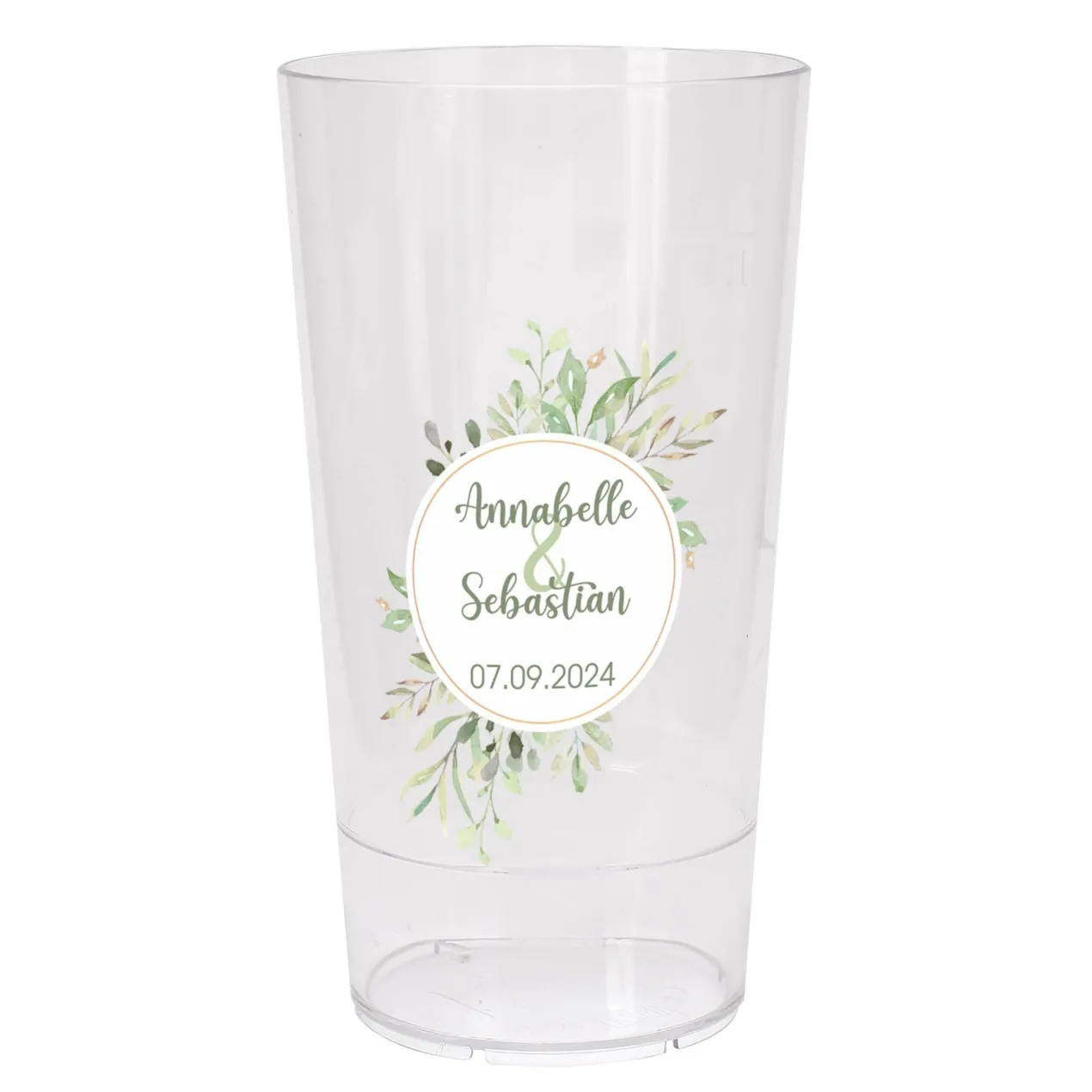 Bedruckter Stapelbecher mit Namen und Datum für Hochzeit, Polterabend, JGA