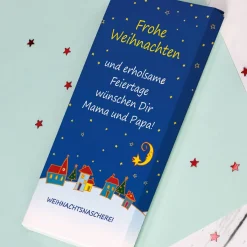 Bedruckte Schokolade als Geschenk zu Weihnachten mit persönlichem Grußtext