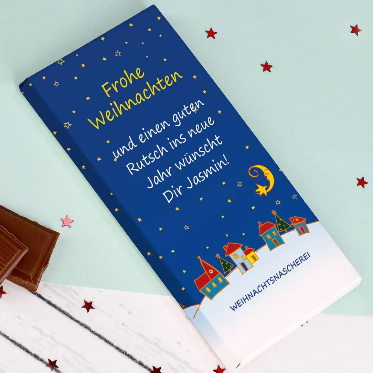 Bedruckte Schokolade als Geschenk zu Weihnachten mit persönlichem Grußtext