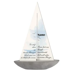 Bedrucktes Segelboot zur Trauer und Gedenken an Verstorbene mit Name und Datum