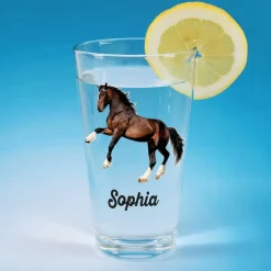 Bedrucktes Trinkglas mit Clydesdale Pferd und Name