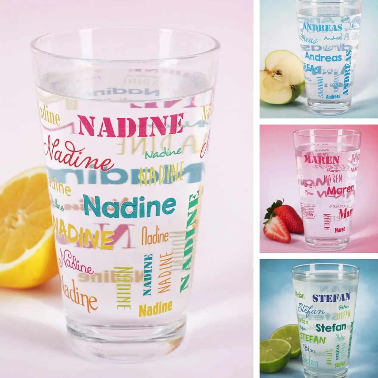 bedrucktes Trinkglas mit Namen in verschiedenen Schriftarten