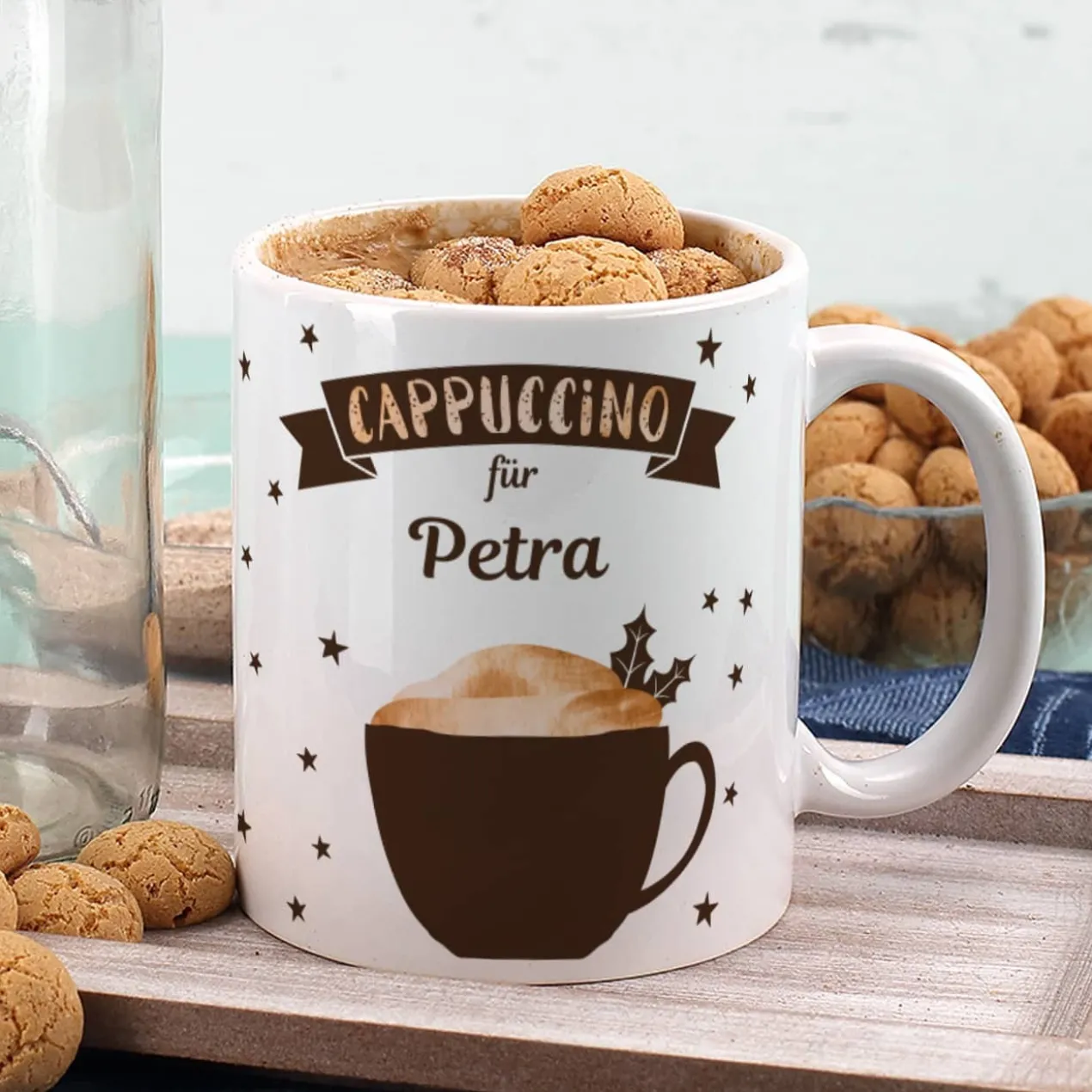 Bedruckte Tasse Winter-Cappuccino mit Name