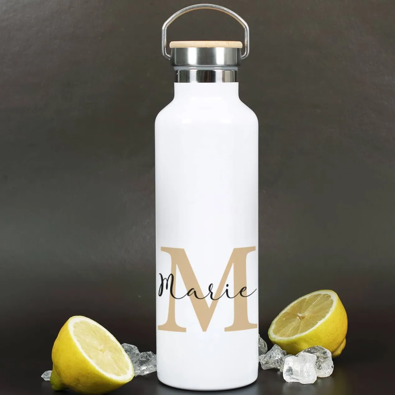 Bedruckte Thermosflasche mit Name und Initiale