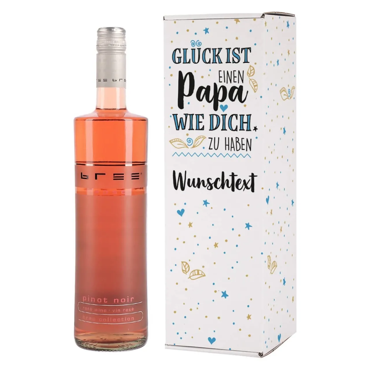 Bedruckte Verpackung mit BREE Weinflasche - für Papas zum Vatertag mit Wunschtext