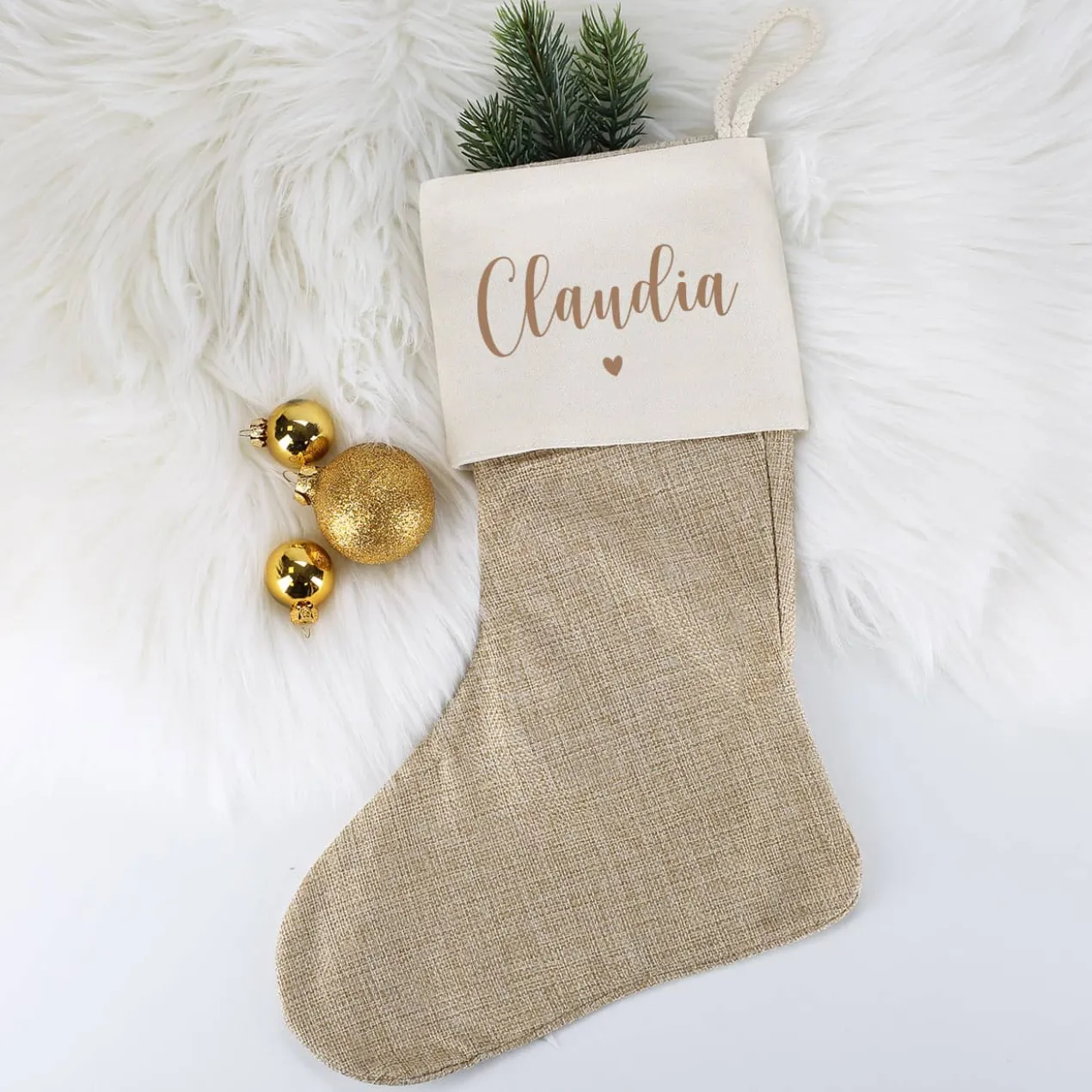 Bedruckte Weihnachtssocke mit Name und Herzchen