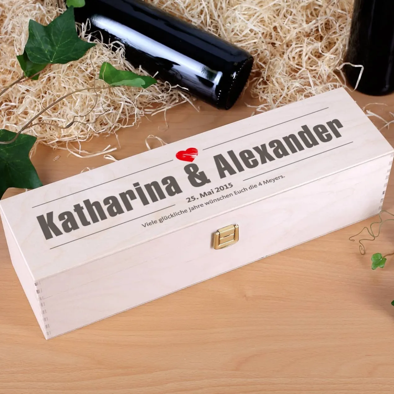 bedruckte Wein-Geschenkbox aus Holz zur Hochzeit