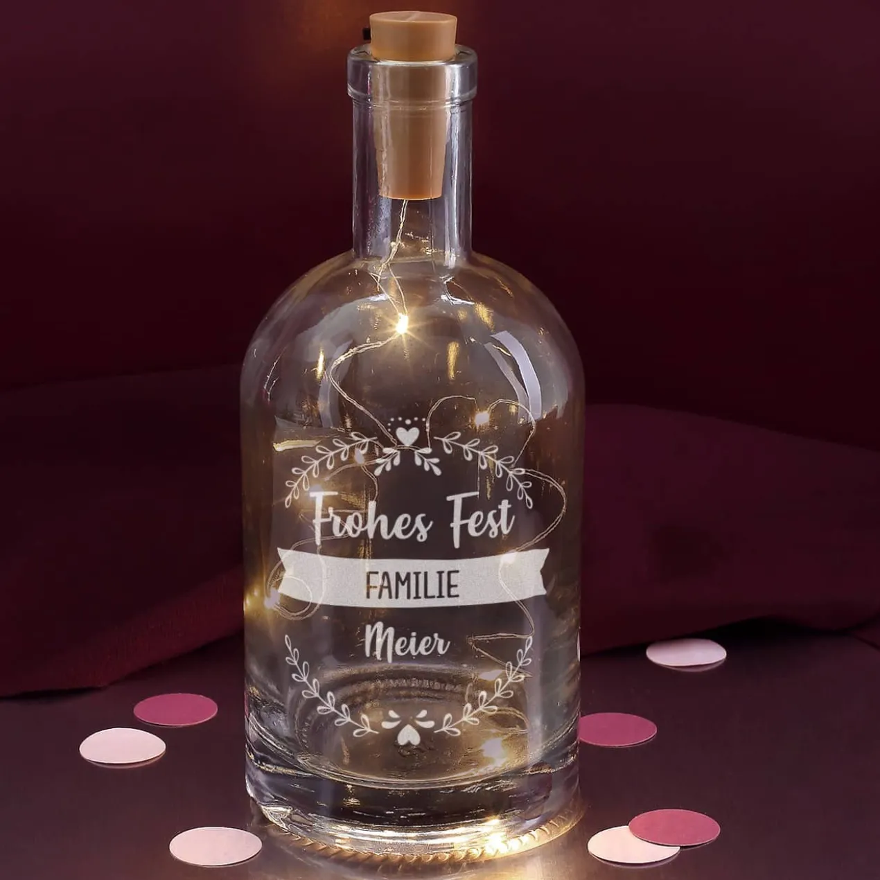 Beleuchtete Flasche mit 3 Zeilen Wunschtext graviert