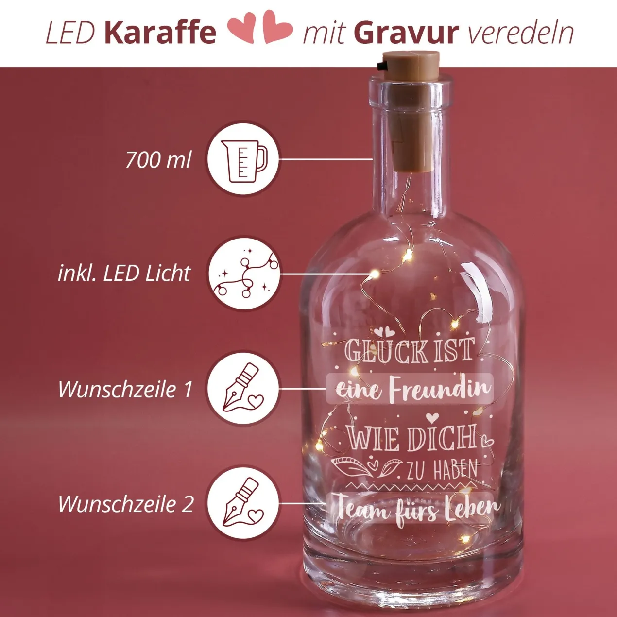 beleuchtete Karaffe mit Gravur - Glück ist