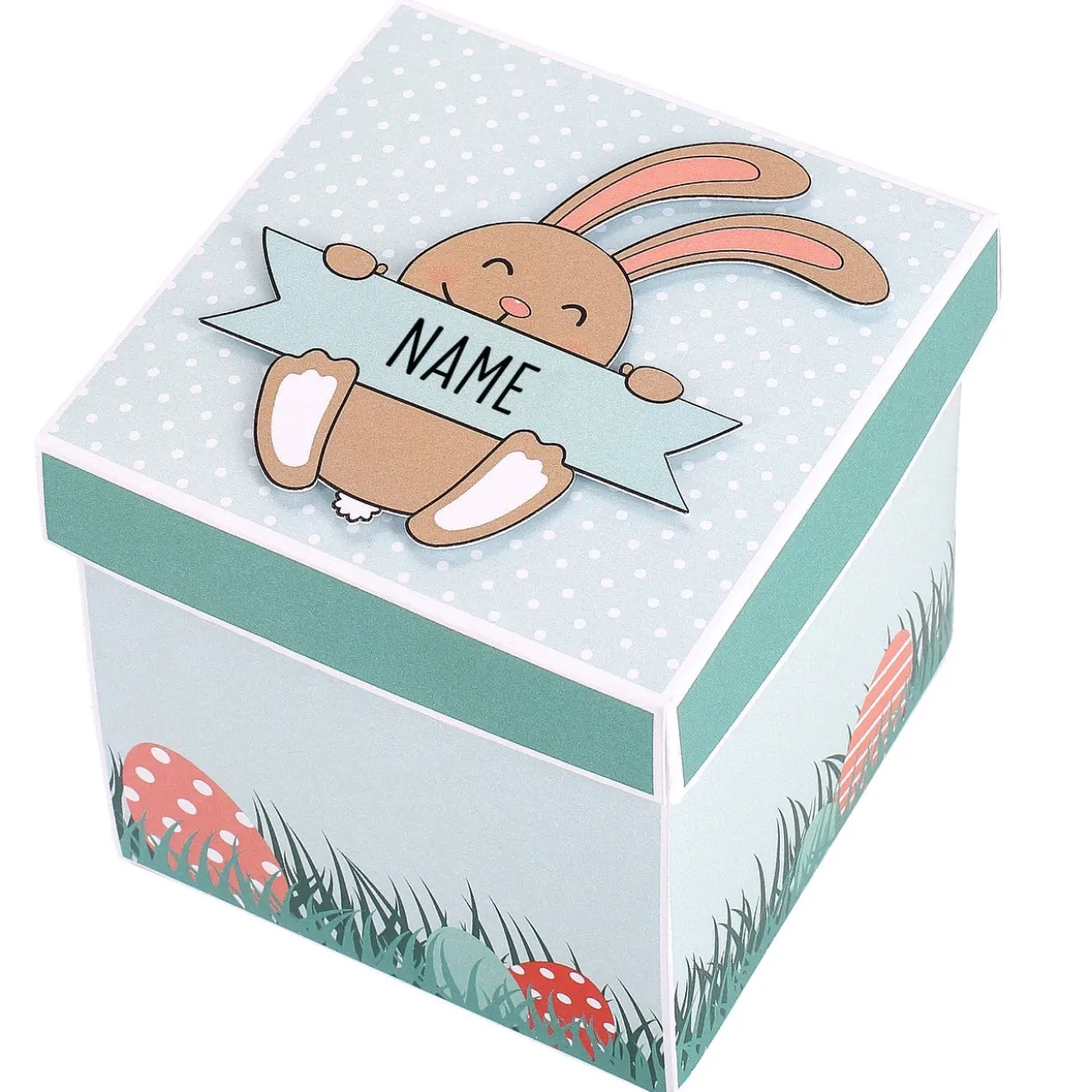 Überraschungsbox zu Ostern mit niedlichem Osterhasen und Ihrem Wunschnamen