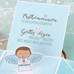 Überraschungsbox zur Kommunion in hellblau, für Geldgeschenke und Gutscheine