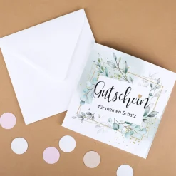 Besondere Gutscheinkarte mit Watercolor Elementen und 3 Zeilen Wunschtext