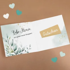 Besondere Gutscheinkarte mit Watercolor Elementen und 3 Zeilen Wunschtext