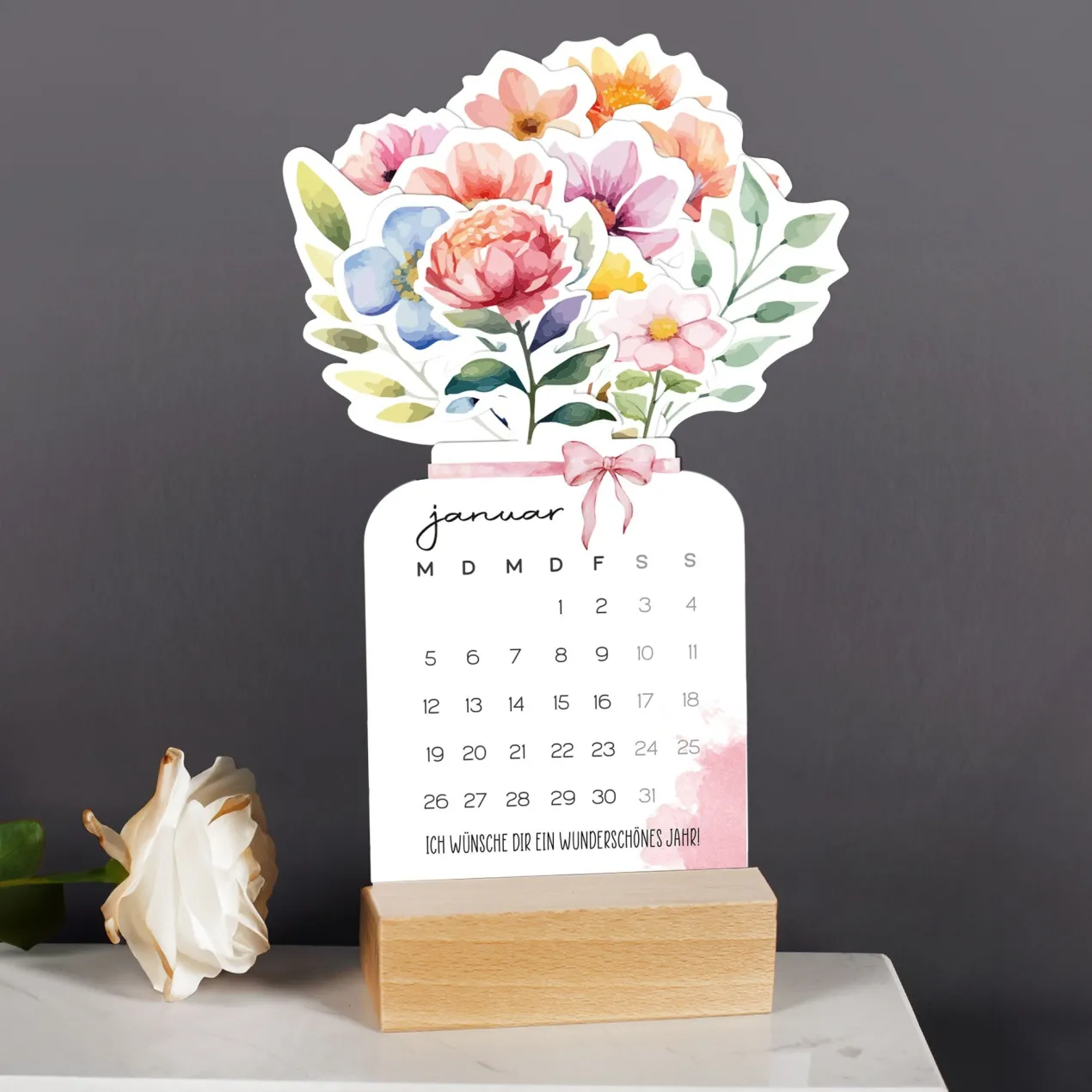 Besonderer Blumenstraußkalender im Watercolor-Stil mit Wunschtext