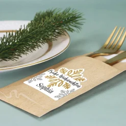 Bestecktüte mit Schneeflockenmotiv und persönlichem Etikett