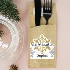 Bestecktüte mit Schneeflockenmotiv und persönlichem Etikett