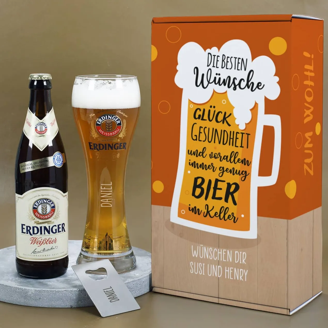 Beste Wünsche - Erdinger Geschenkset für Männer mit Wunschtext und Name | Mit oder ohne Alkohol