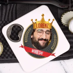 Bierdeckel mit Flaschenöffner bedruckt mit lustigem Foto-Biermotiv