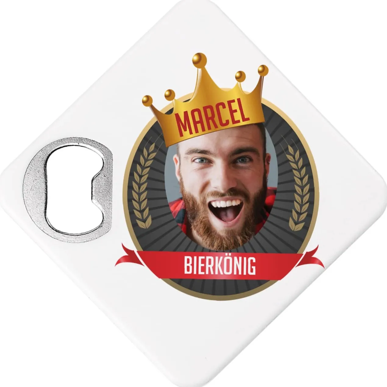 Bierdeckel mit Flaschenöffner bedruckt mit lustigem Foto-Biermotiv
