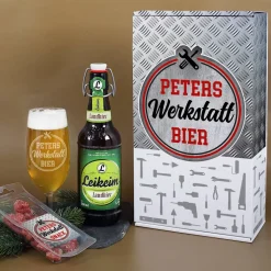 Bier-Geschenkset für Feierabendbier, Garagenbier und mehr, mit graviertem Glas & Snack