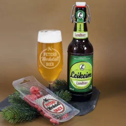 Bier-Geschenkset für Feierabendbier, Garagenbier und mehr, mit graviertem Glas & Snack