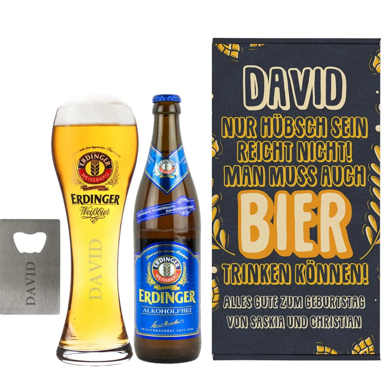 Bier Geschenkset mit Weißbier, Glas und Flaschenöffner in Geschenkbox
