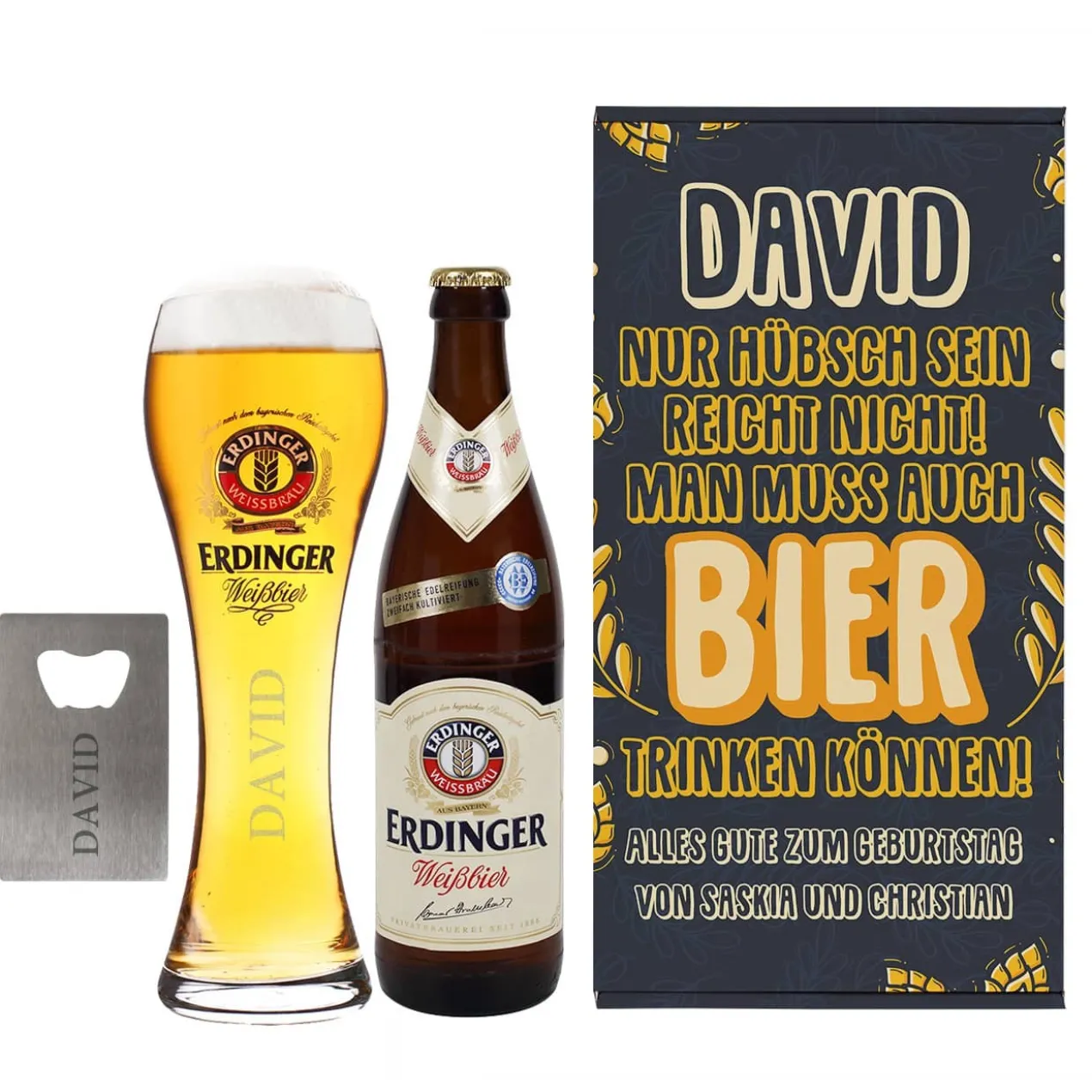 Bier Geschenkset mit Weißbier, Glas und Flaschenöffner in Geschenkbox