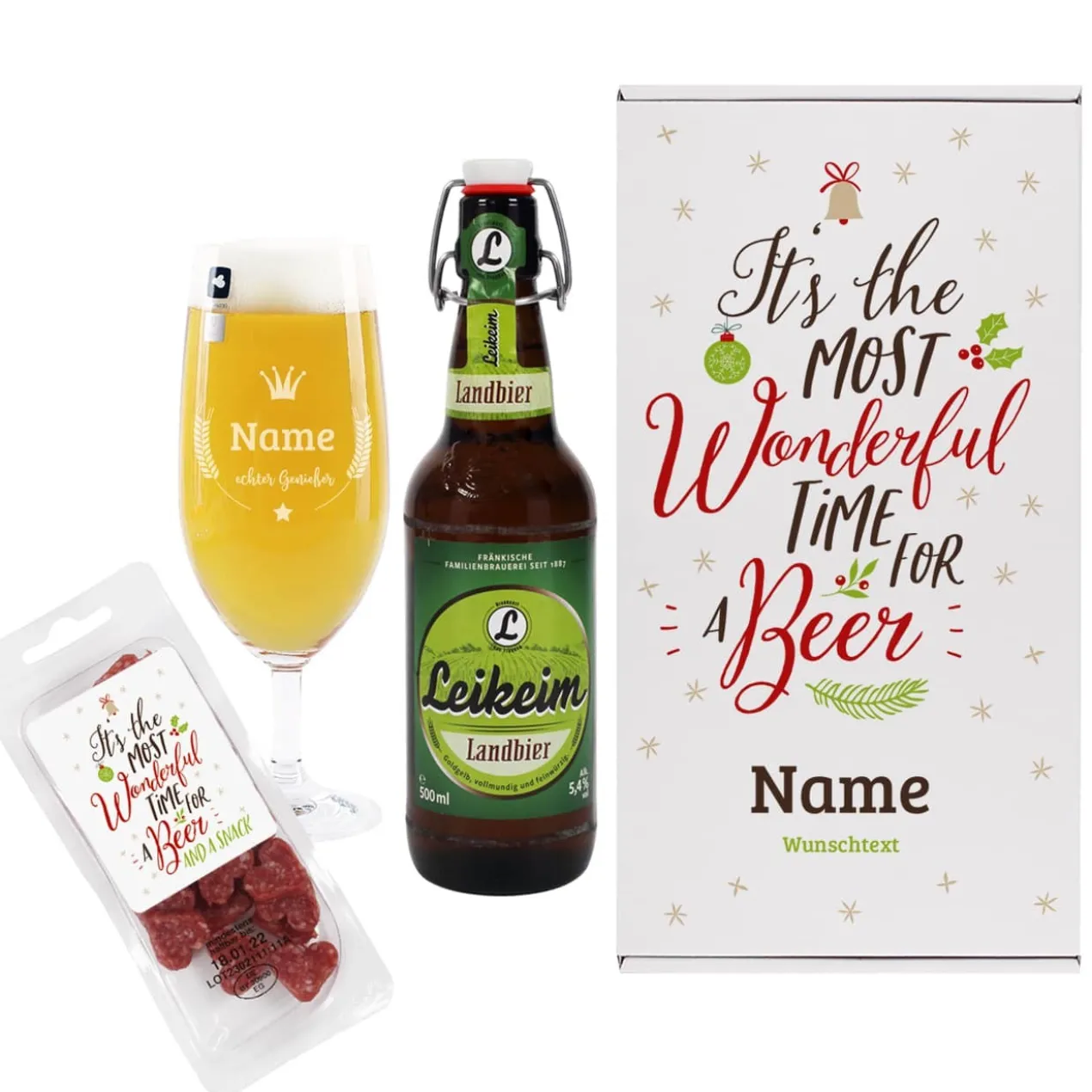 Bier-Geschenkset zu Weihnachten mit gravierter Pilstulpe, Bierflasche und Salami-Herzen