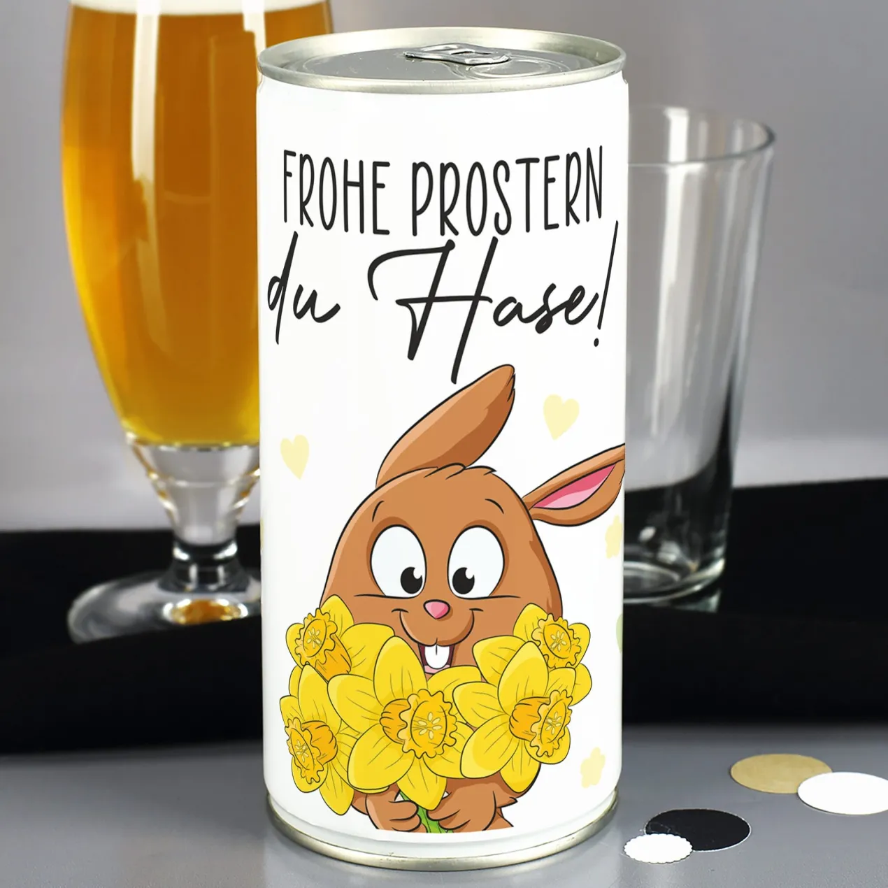 Biergeschenk zu Ostern - Frohe Prostern, du Hase! | 1 Liter Bier mit Hasen- & Narzissenmotiv