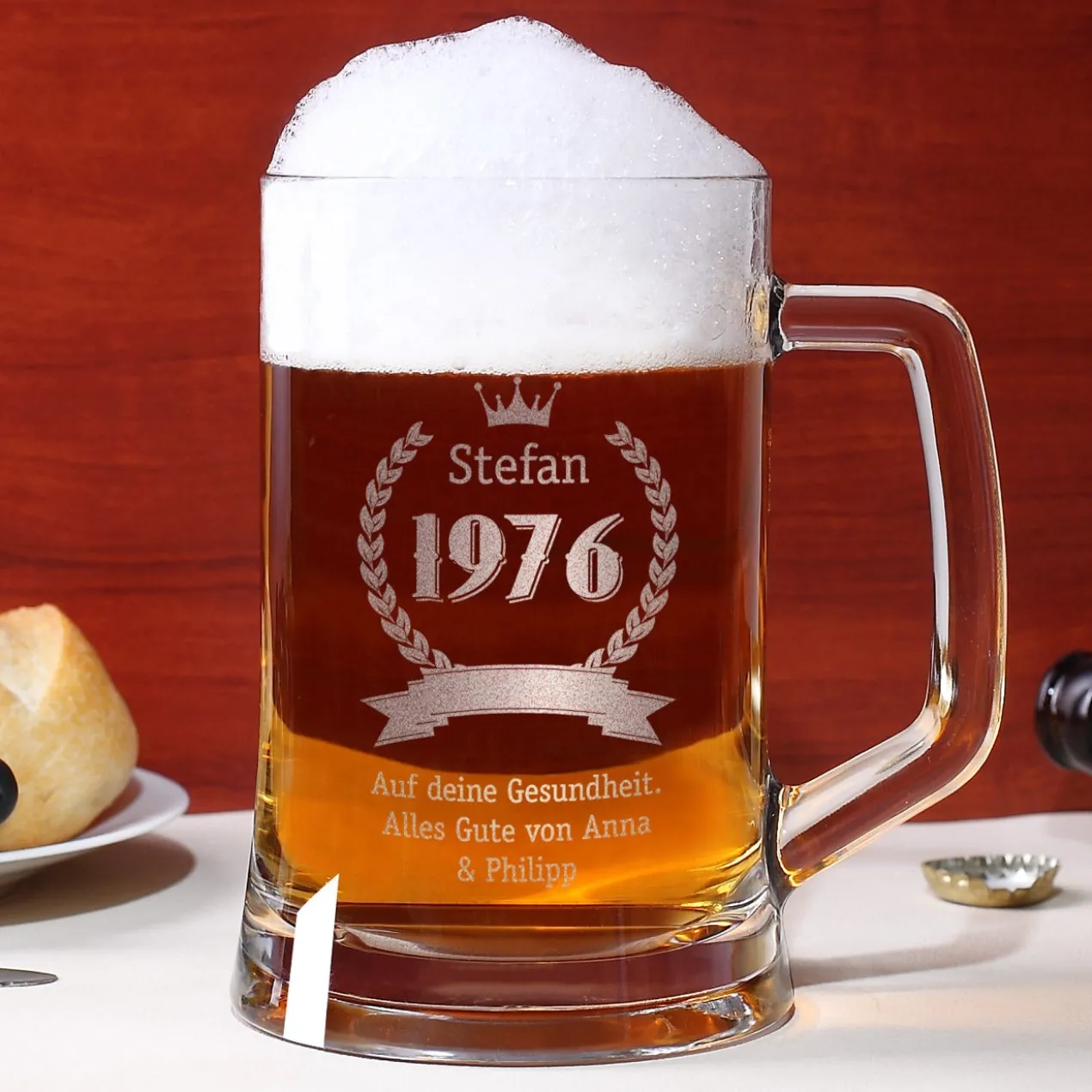 Bierglas mit Name, Geburtsjahr und Wunschtext