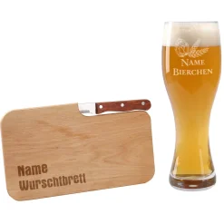 Bierglas und Holzbrettchen Wurschtbrett mit Namensgravur