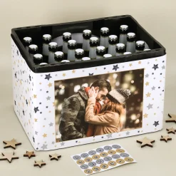 Bierkasten-Adventskalender mit Foto und weihnachtlichem Sternenmotiv